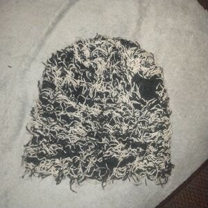 Shaggy Black and Cream Beanie w/Black Heart Accent